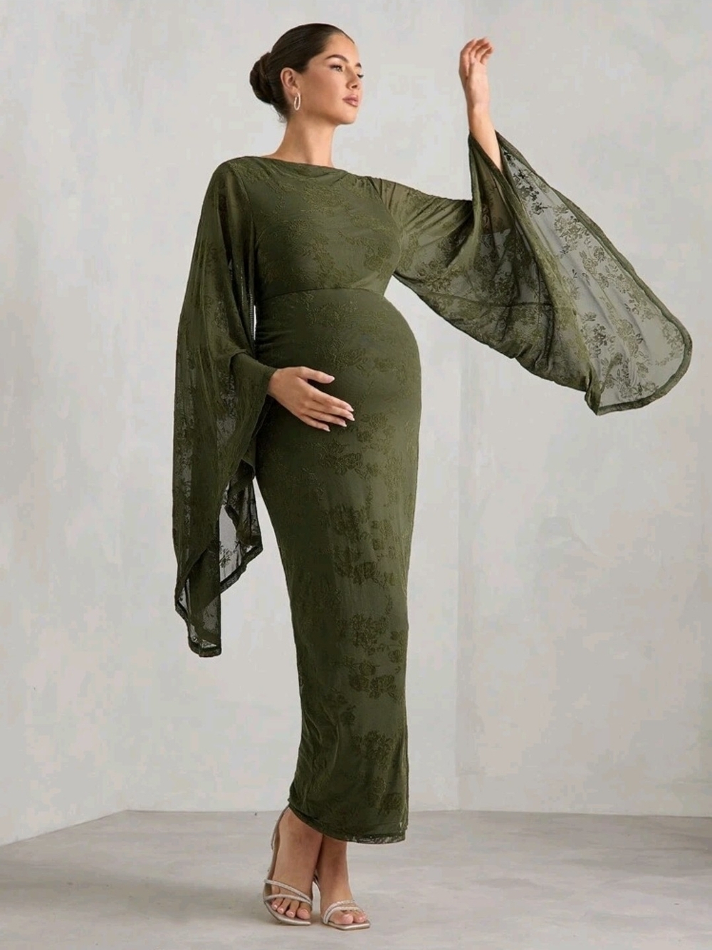 Maternity Light Olive Floral Mesh Overlay Maxi Dress NEW